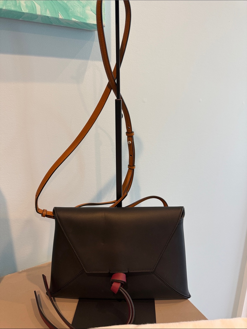 Stuart Weitzman Black Leather Envelope Crossbody with Burgundy Strap Accent